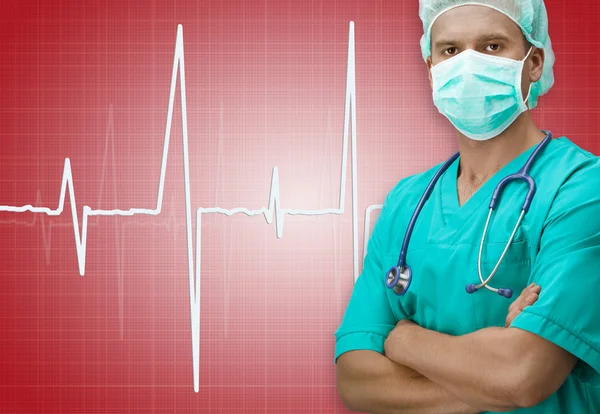 Surgeon with ECG sign on dark red color background — Stockfoto