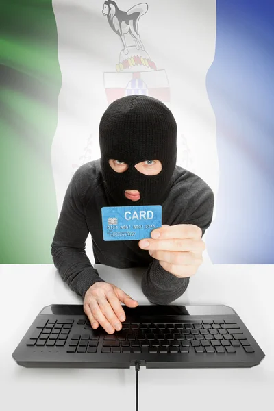 Hacker with credit card in hand and Canadian province flag on background - Yukon —  Fotos de Stock