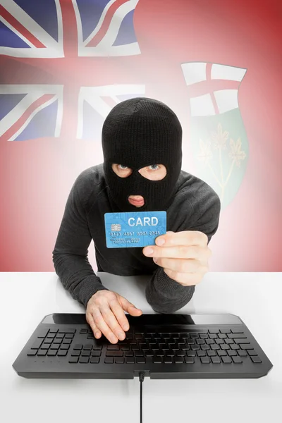 Hacker with credit card in hand and Canadian province flag on background - Ontario —  Fotos de Stock