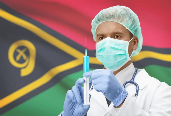 Medico con la siringa nelle mani e bandiera sulla serie della priorità bassa - Vanuatu — Foto Stock