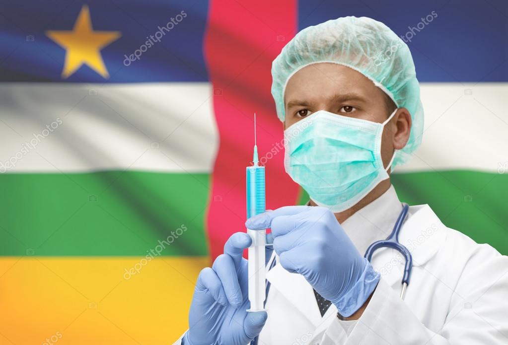 Doctor with syringe in hands and flag on background series - Central African Republic