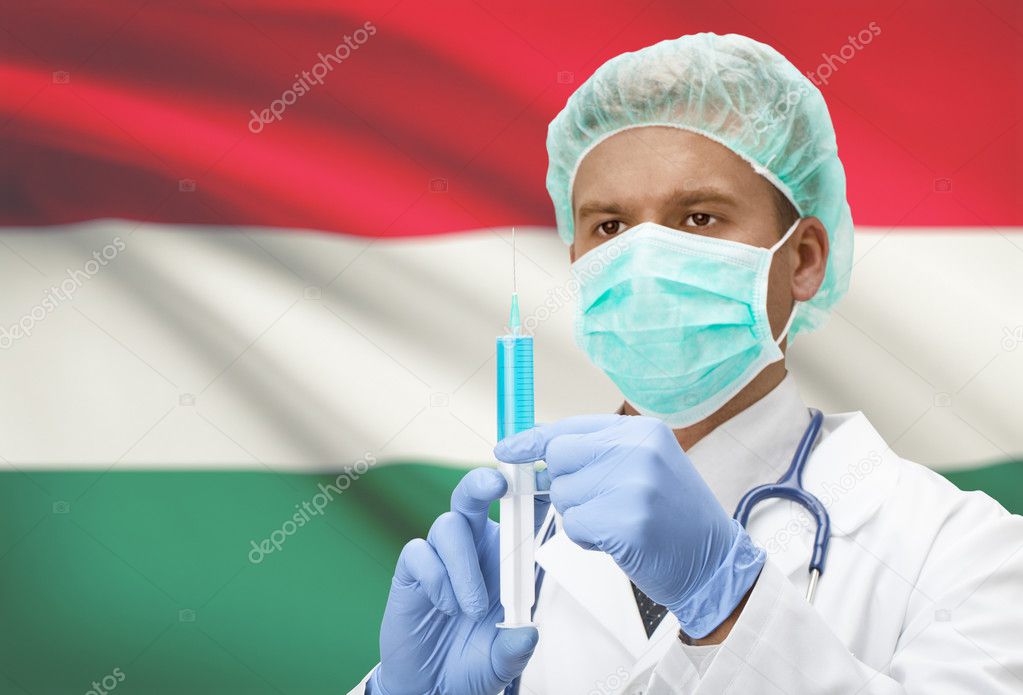 Doctor with syringe in hands and flag on background series - Hungary