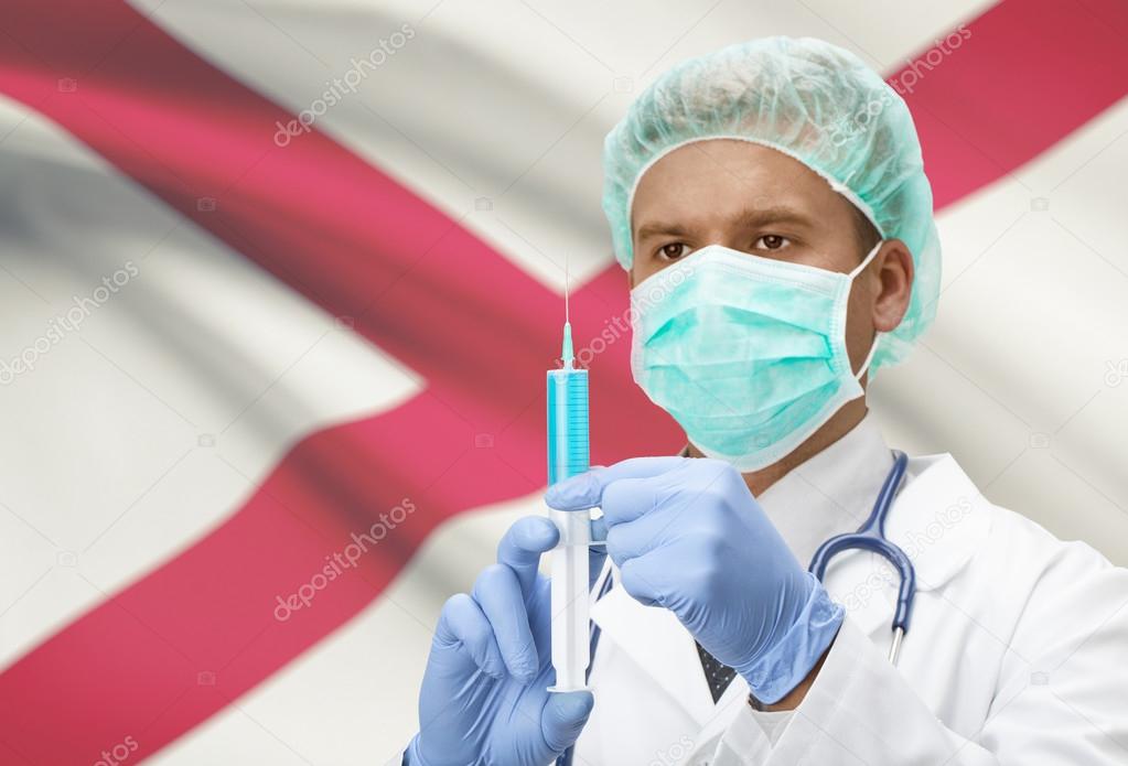 Doctor with syringe in hands and US states flags on background series - Alabama