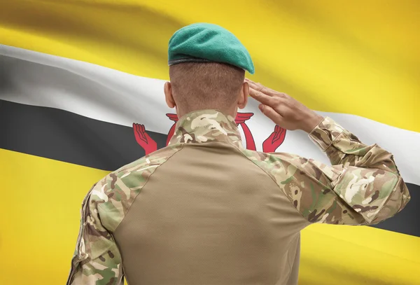 Dark-skinned soldier with flag on background - Brunei — Stock Photo, Image