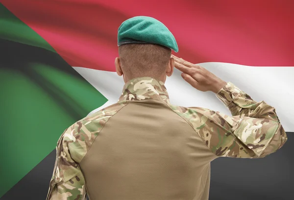 Donkerhuidige soldaat met vlag op achtergrond - Soedan — Stockfoto