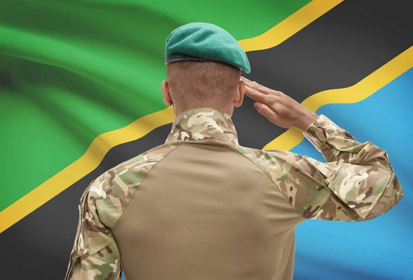 Dark-skinned soldier with flag on background - Tanzania — Stock Photo, Image