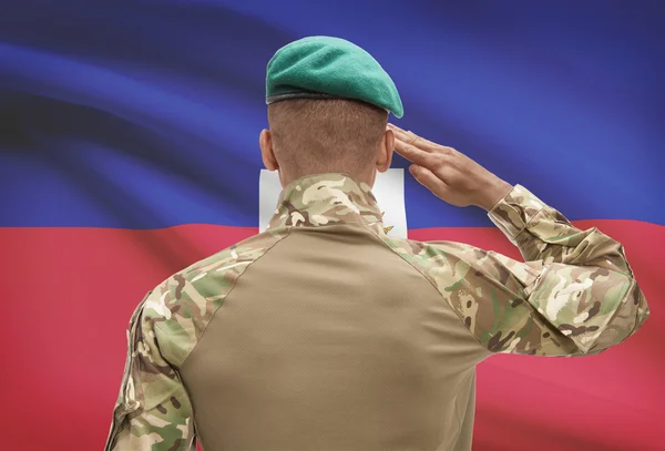 Dark-skinned soldier with flag on background - Haiti — Stock Photo, Image