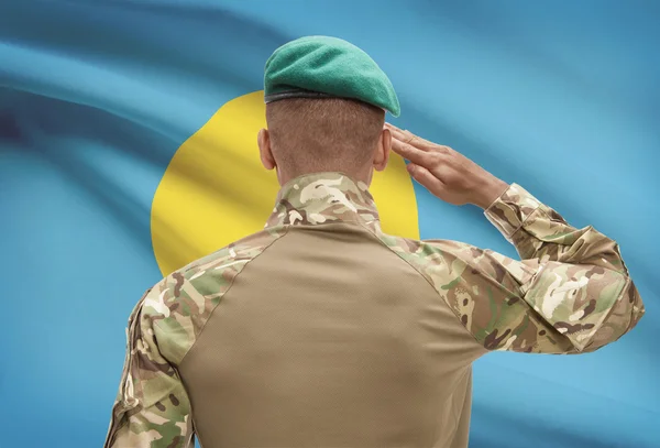 Dark-skinned soldier with flag on background - Palau — Stock Photo, Image
