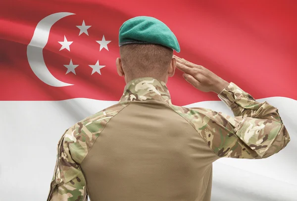 Dark-skinned soldier with flag on background - Singapore — Stock Photo, Image