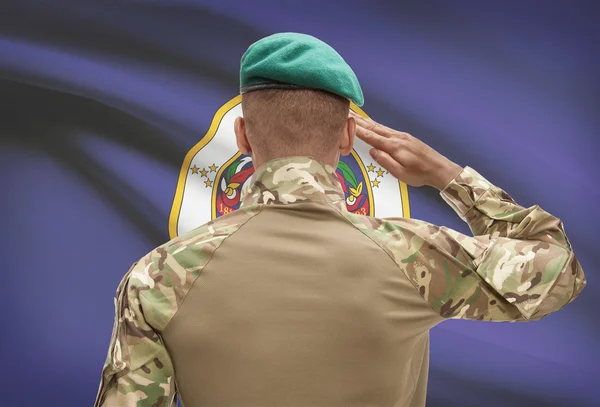 Dark-skinned soldier with US state flag on background - Minnesota — Stock Photo, Image