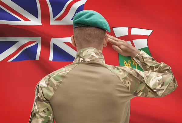 Dark-skinned soldier with Canadian province flag on background - Ontario — Stock Photo, Image