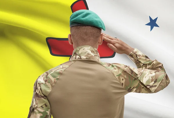 Dark-skinned soldier with Canadian province flag on background - Nunavut — Stock Photo, Image