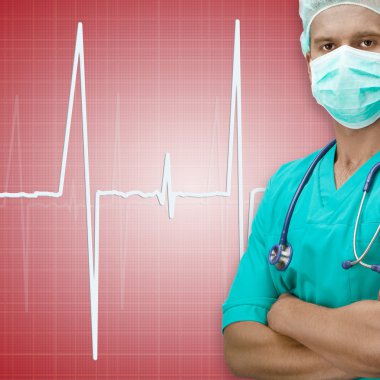 Cerrah koyu kırmızı zemin üzerine EKG işaretiyle