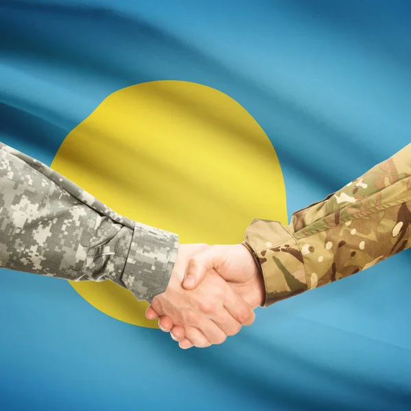 Hombres en uniforme de estrecharme la mano con la bandera en el fondo - Palau — Foto de Stock