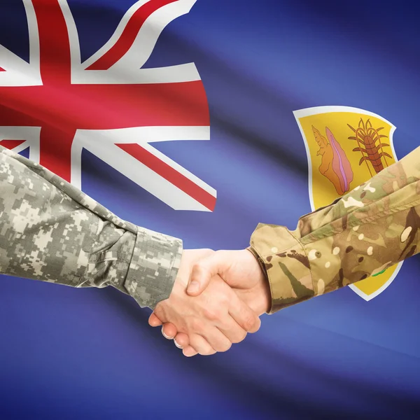 Men in uniform shaking hands with flag on background - Turks and — Stock Photo, Image