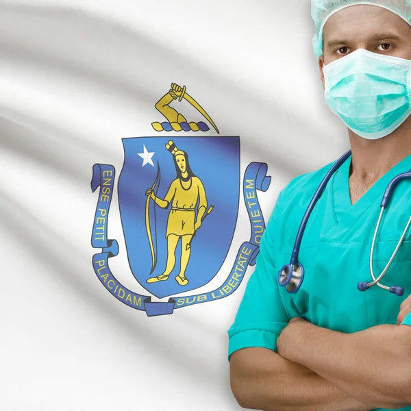 Surgeon with US states flags on background series - Massachusett — Stock Photo, Image