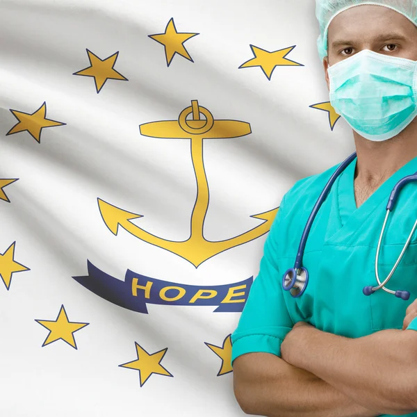 Surgeon with US states flags on background series - Rhode Island — Stock Photo, Image