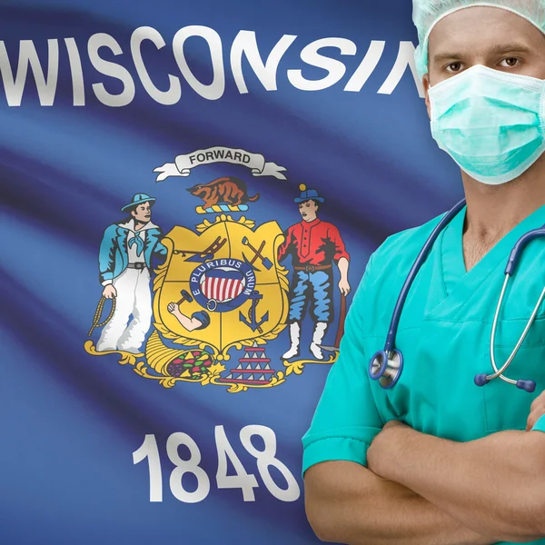 Surgeon with US states flags on background series - Wisconsin — Stock Photo, Image