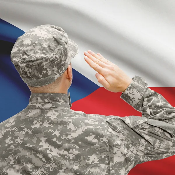 Voják v klobouku čelí řada státní vlajka - Česká republika — Stock fotografie