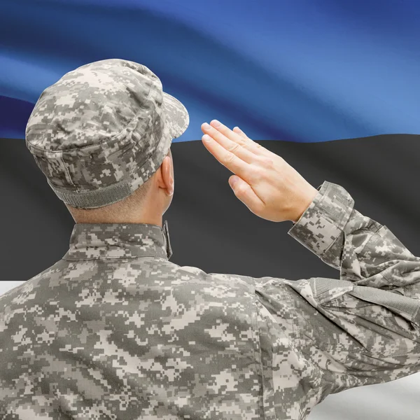 Soldier in hat facing national flag series - Estonia — Stock Photo, Image