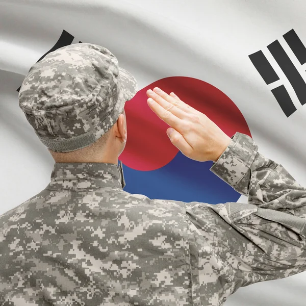 Soldat i hat inför nationella flagga rad - Sydkorea — Stockfoto