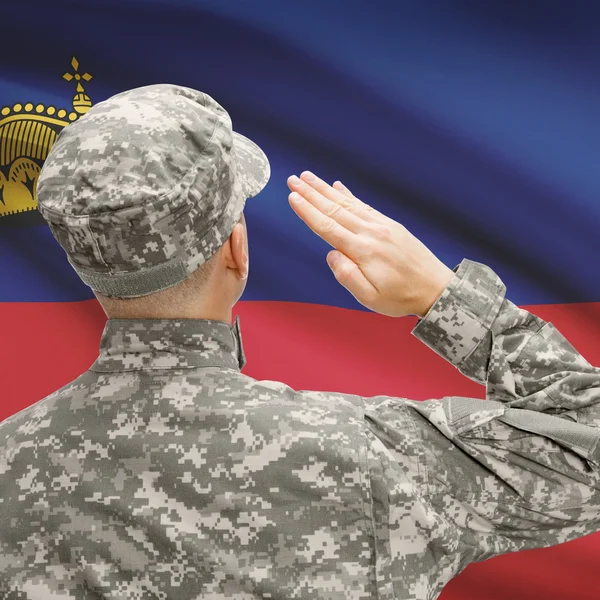 Soldat i hat inför nationella flagga rad - Liechtenstein — Stockfoto
