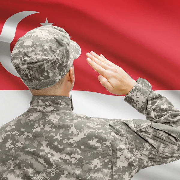 Soldier in hat facing national flag series - Singapore — Stock Photo, Image