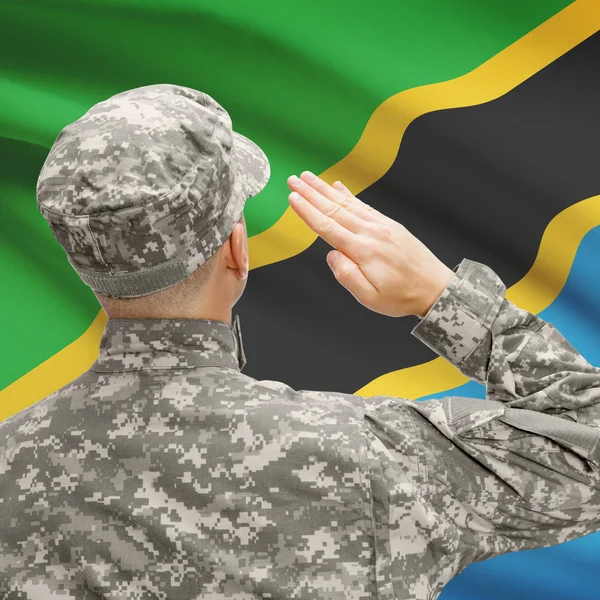 Soldat im Hut vor Nationalflagge Serie - Tansania — Stockfoto