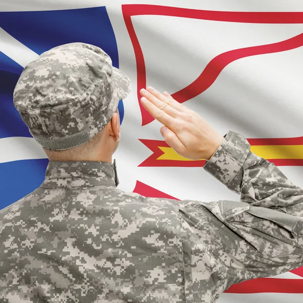 Soldat salutieren zu Canadial Provinz Flagge Serie - Neufundland — Stockfoto