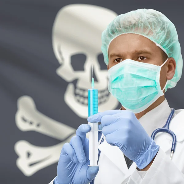 Médecin avec une seringue dans les mains et les États américains drapeaux series - Jolly Roger — Photo