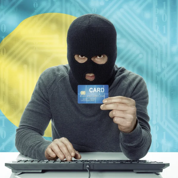 Dark-skinned hacker with flag on background holding credit card in hand - Palau — Stock Photo, Image
