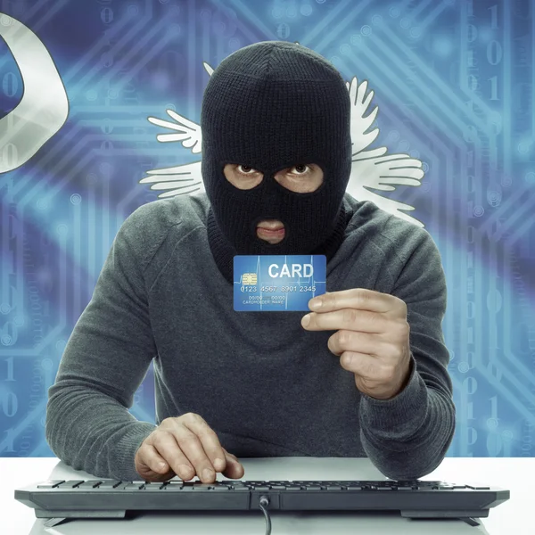 Dark-skinned hacker with USA states flag on background holding card in hand - South Carolina — Stock fotografie