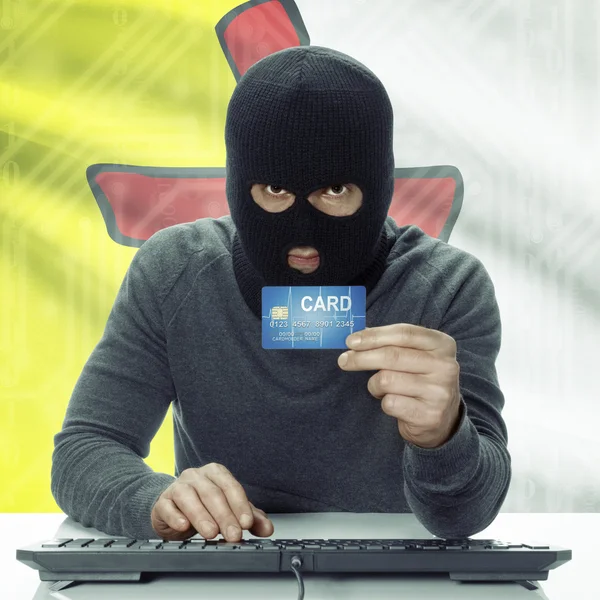 Dark-skinned hacker with Canadian province flag on background holding card - Nunavut —  Fotos de Stock