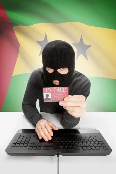 Hacker kimlik kartı el - Sao Tome ve Principe holding arka plan bayrak ile — Stok fotoğraf