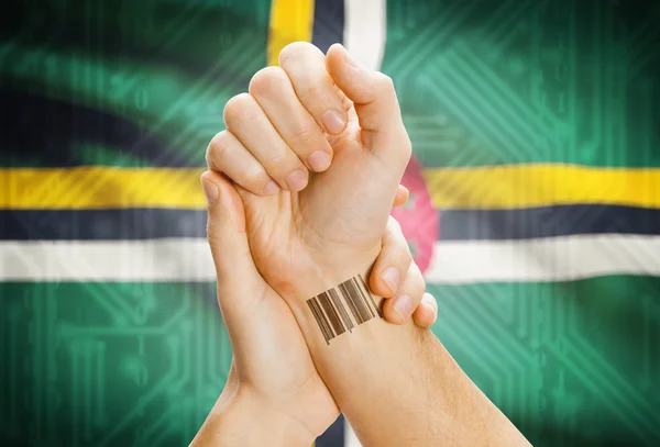 Barcode ID number on wrist and national flag on background - Dominica — Stock fotografie