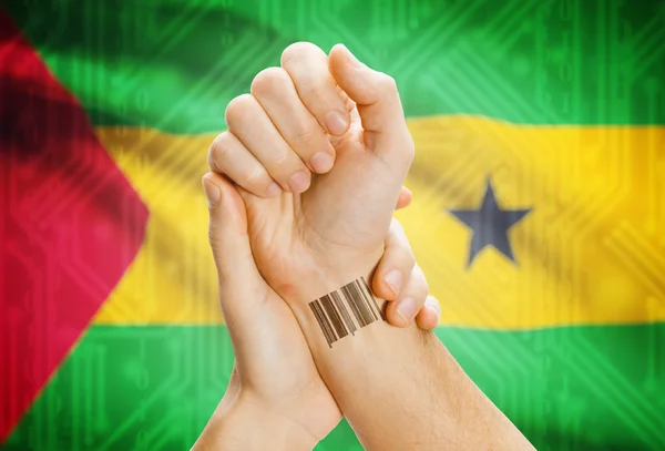 Barcode ID number on wrist and national flag on background - Sao Tome and Principe — Stock Photo, Image