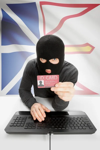 Hacker with Canadian province flag on background holding ID card in hand - Newfoundland and Labrador — Stock fotografie