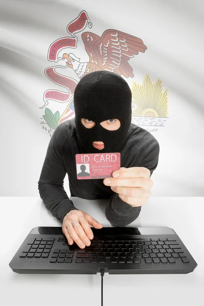 Hacker with USA states flag on background and ID card in hand - Illinois — Fotografia de Stock