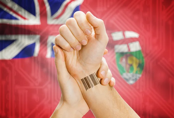 Штрих-код Id номер на запястье с канадской провинцией флаг на фоне - Манитоба — стоковое фото