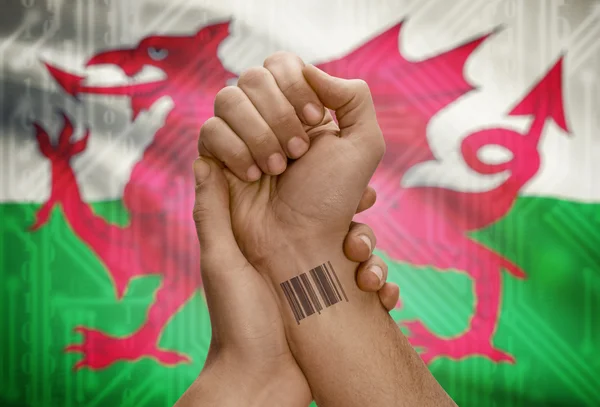Barcode-ID-Nummer auf Handgelenk von dunkelhäutigen Person und Nationalflagge auf den Hintergrund - Wales — Stockfoto