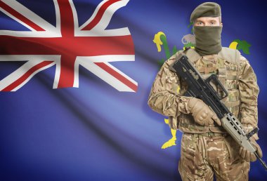 Soldier holding machine gun with flag on background series - Pitcairn Islands