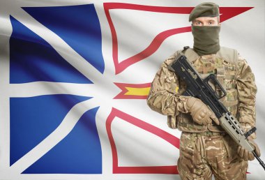 Soldier holding machine gun with Canadian province flag on background series - Newfoundland and Labrador