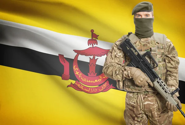 Soldier holding machine gun with flag on background series - Brunei — стокове фото