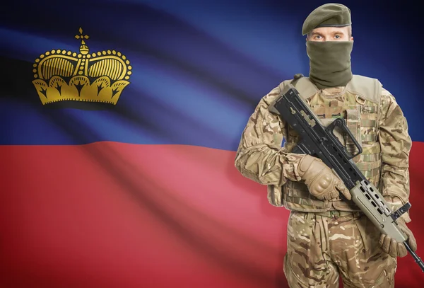 Soldier holding machine gun with flag on background series - Liechtenstein – stockfoto