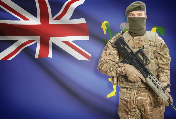 Soldier holding machine gun with flag on background series - Pitcairn Islands — Stok Foto