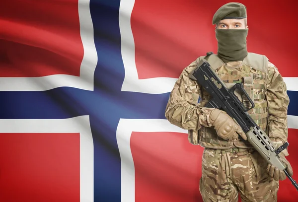 Soldier holding machine gun with flag on background series - Norway — Stock fotografie