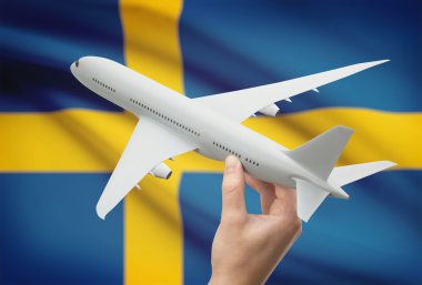 Uçak ile arka plan - İsveç bayrağı elinde