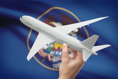 Airplane in hand with US state flag on background - Utah