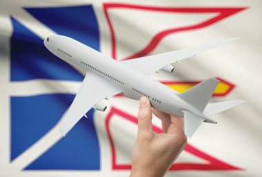 Airplane in hand with Canadian province flag on background - Newfoundland and Labrador