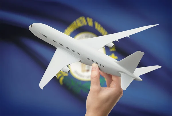 Airplane in hand with US state flag on background - Kentucky — Stock Photo, Image